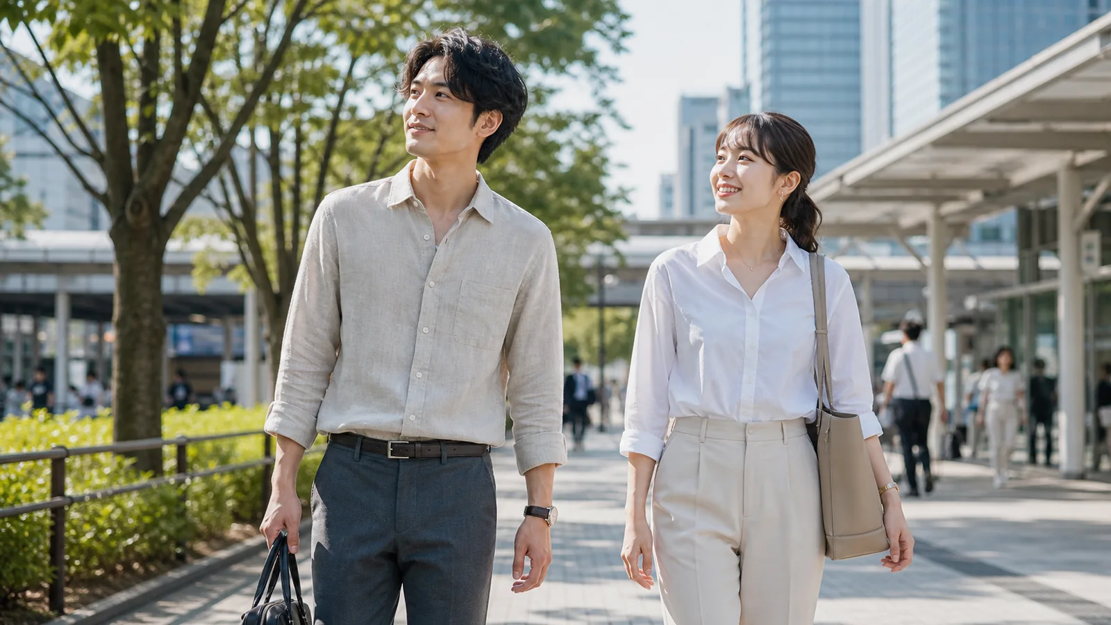 リネンシャツと綿シャツを夏の通勤服として着た日本の男女