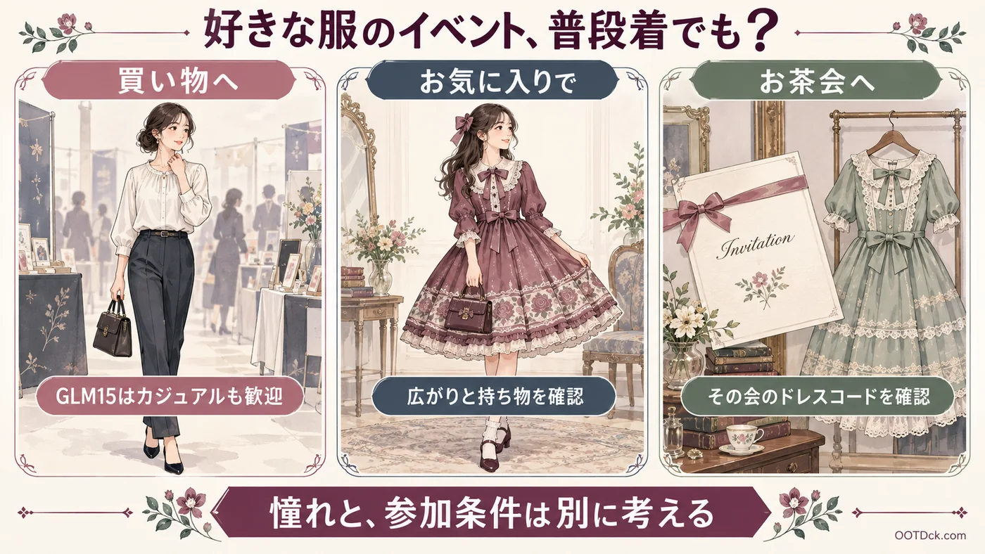 GLM15へ普段着で買い物に行く場合、好きなロリィタ服で行く場合、別のお茶会のドレスコードを確認する場合を分けた図
