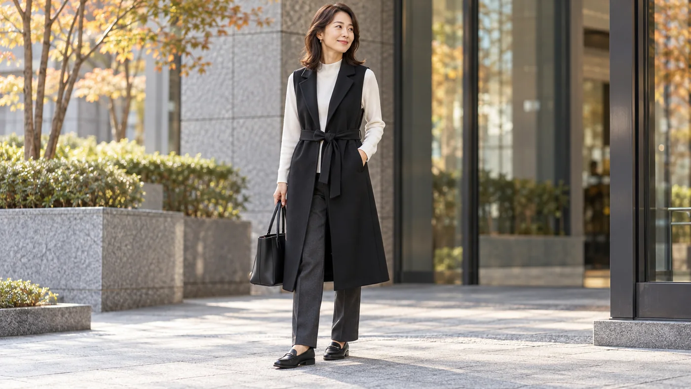 アイボリーの薄手ニットに黒いロングジレとチャコールのパンツを重ね、オフィス前に立つ女性のAI生成コーデ例