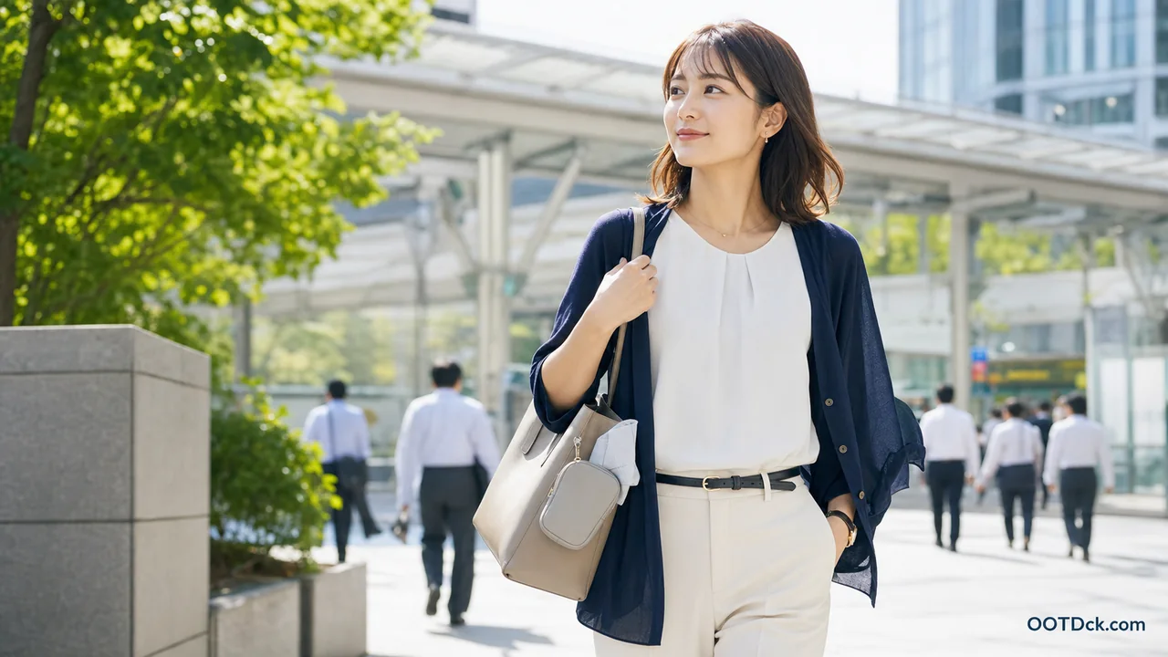 5月の通勤でノースリーブブラウスに薄手カーディガンを合わせる職場TPOの判断画像
