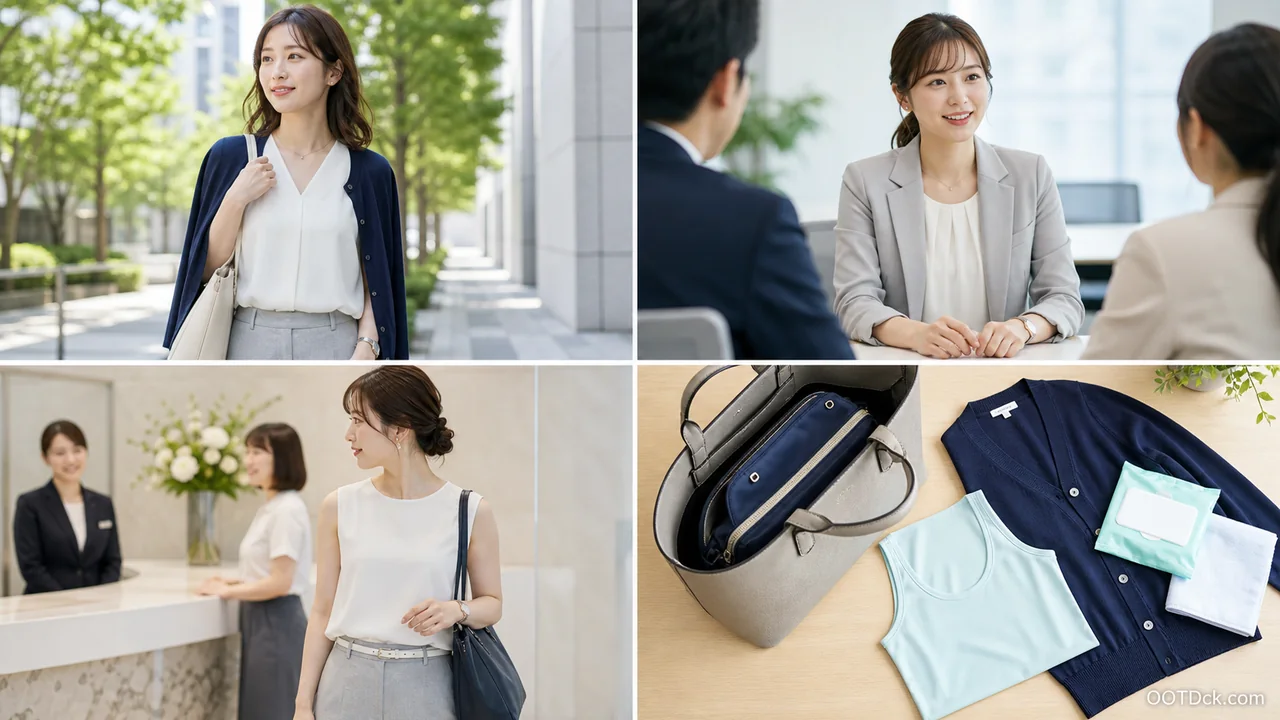 ノースリーブ通勤で安全な羽織り、会議、受付、汗対策を比較するガイド画像