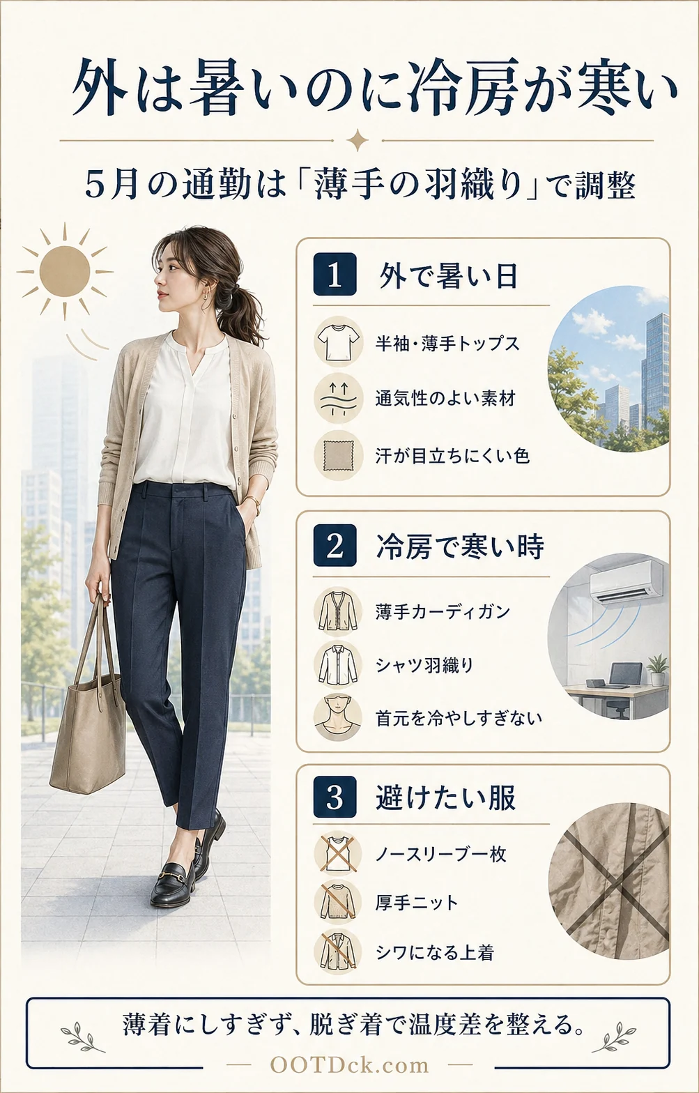 5月の通勤で外は暑いのに冷房が寒い日の薄手羽織りと避けたい服をまとめたインフォグラフィック