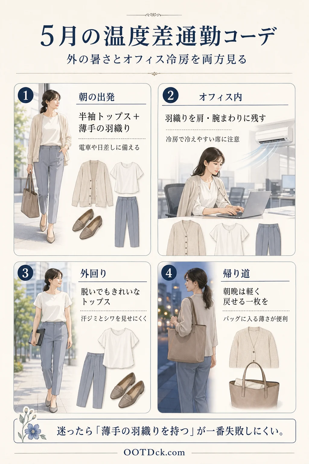 5月の温度差通勤コーデを朝の出発、オフィス内、外回り、帰り道に分けてまとめたインフォグラフィック