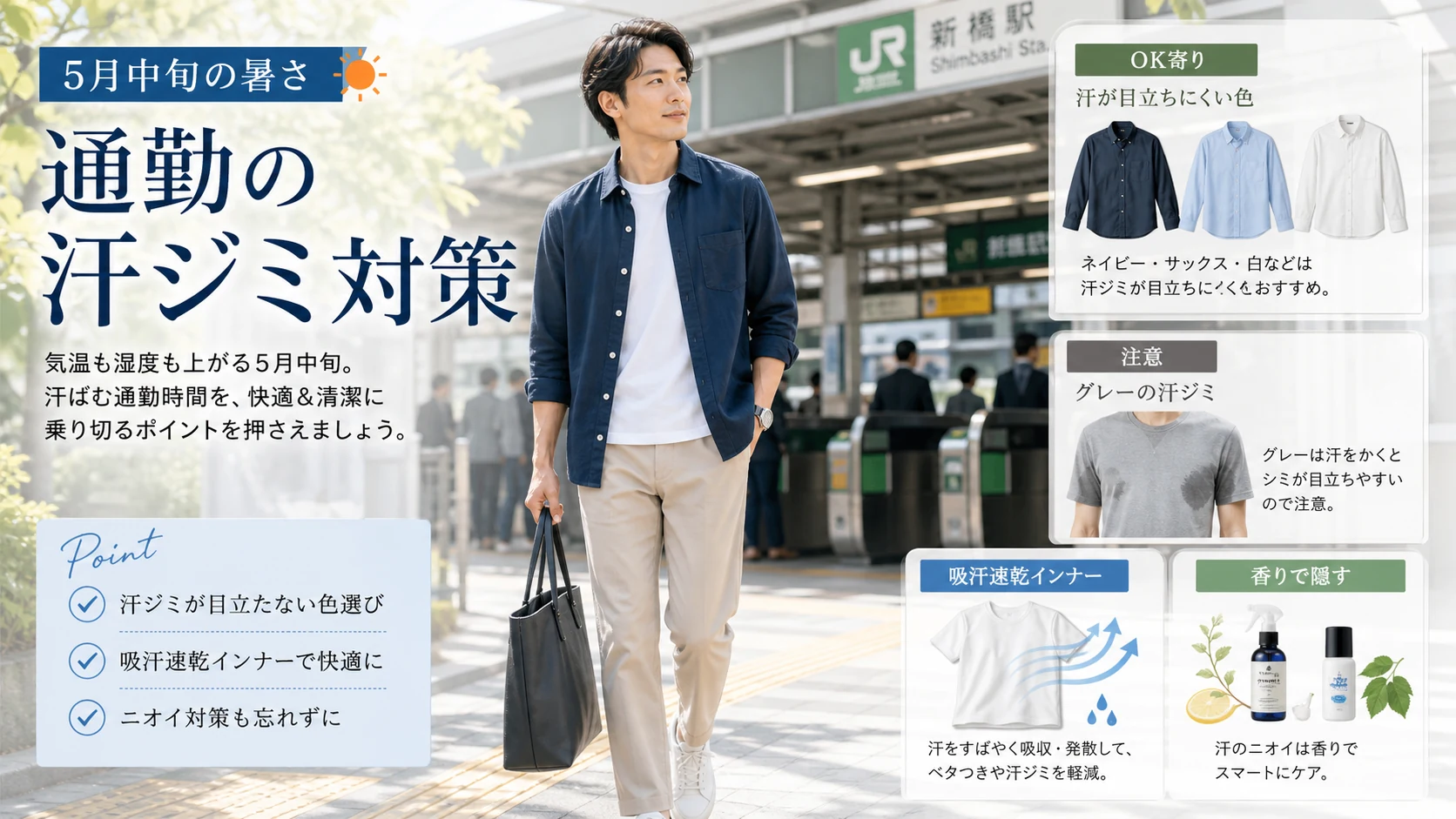 5月中旬の暑さで通勤の汗ジミを目立たせない服とインナーをまとめたインフォグラフィック