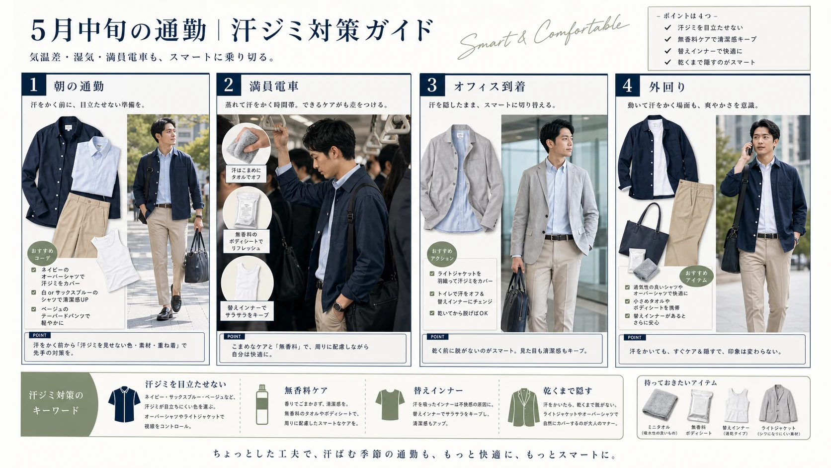 朝の通勤、満員電車、オフィス到着、外回りで汗ジミを目立たせない服装とケアを整理したインフォグラフィック