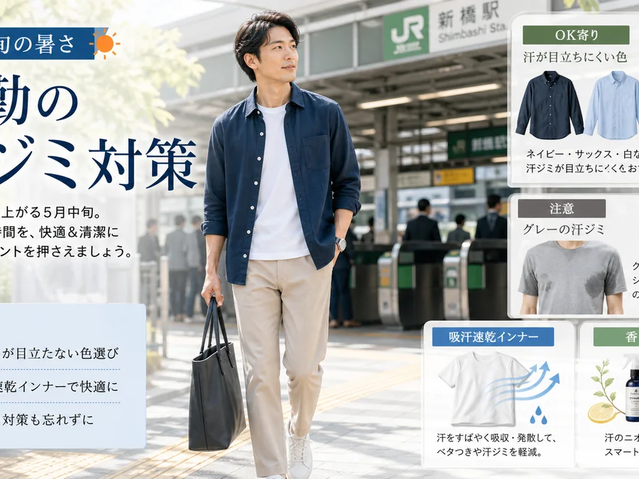 5月中旬の暑さで通勤の汗ジミを目立たせない服とインナーをまとめたインフォグラフィック