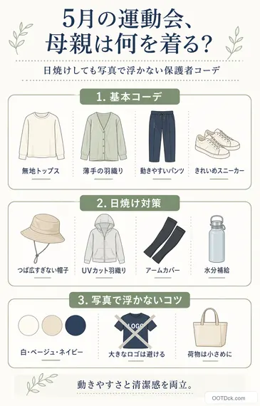 5月の運動会で、母親が写真で浮かない保護者コーデを整理したインフォグラフィック