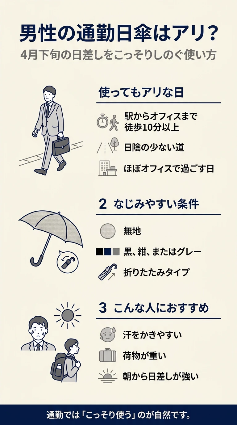 男性の通勤で日傘がありな日、なじみやすい条件、おすすめの使い方をまとめたインフォグラフィック