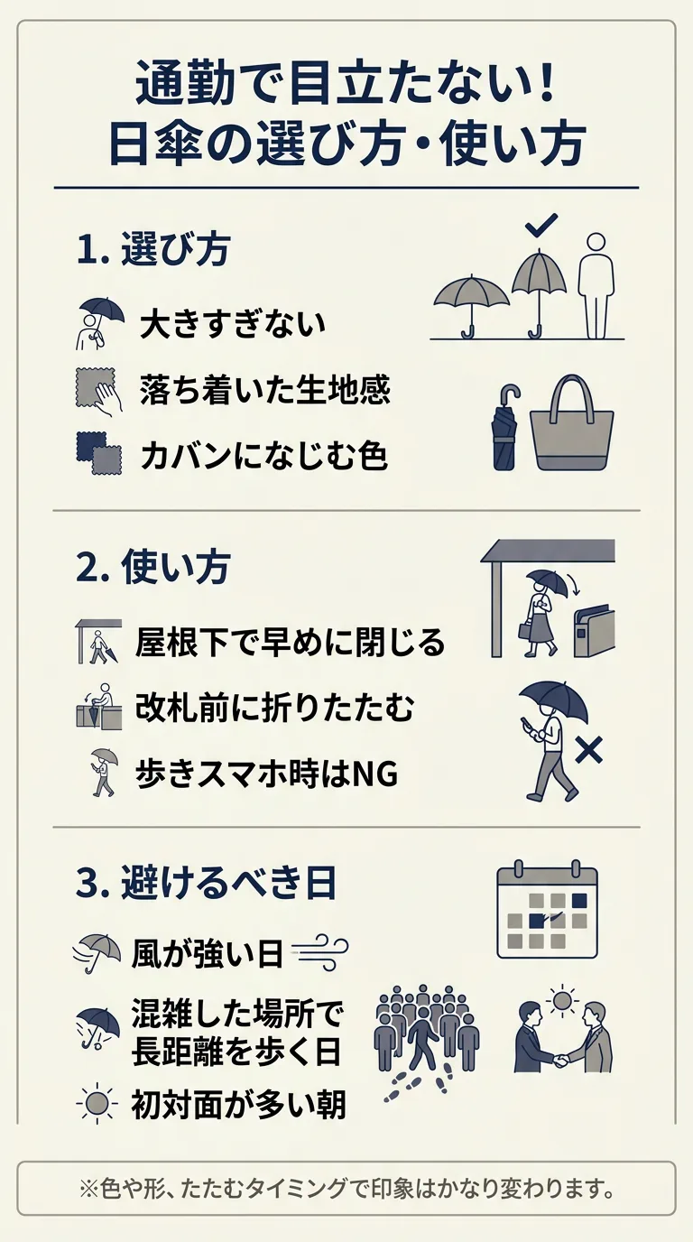 通勤で違和感が出にくい日傘の選び方、使い方、避けた方がよい日を整理したインフォグラフィック