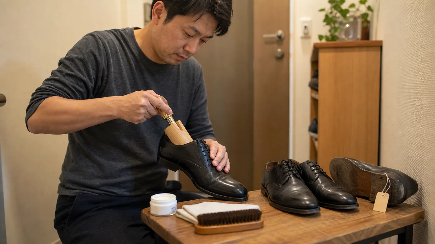 日本の会社員が玄関で革靴にシューツリーを入れ別の一足と交代させ摩耗した靴を修理へ分ける様子