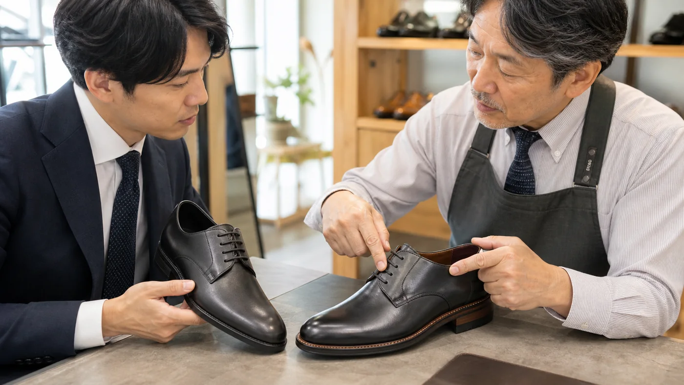日本の靴店で8千円前後のシンプルなビジネスシューズと5万円前後のウェルト製法革靴の甲革や底や縫いを比較する会社員と靴職人
