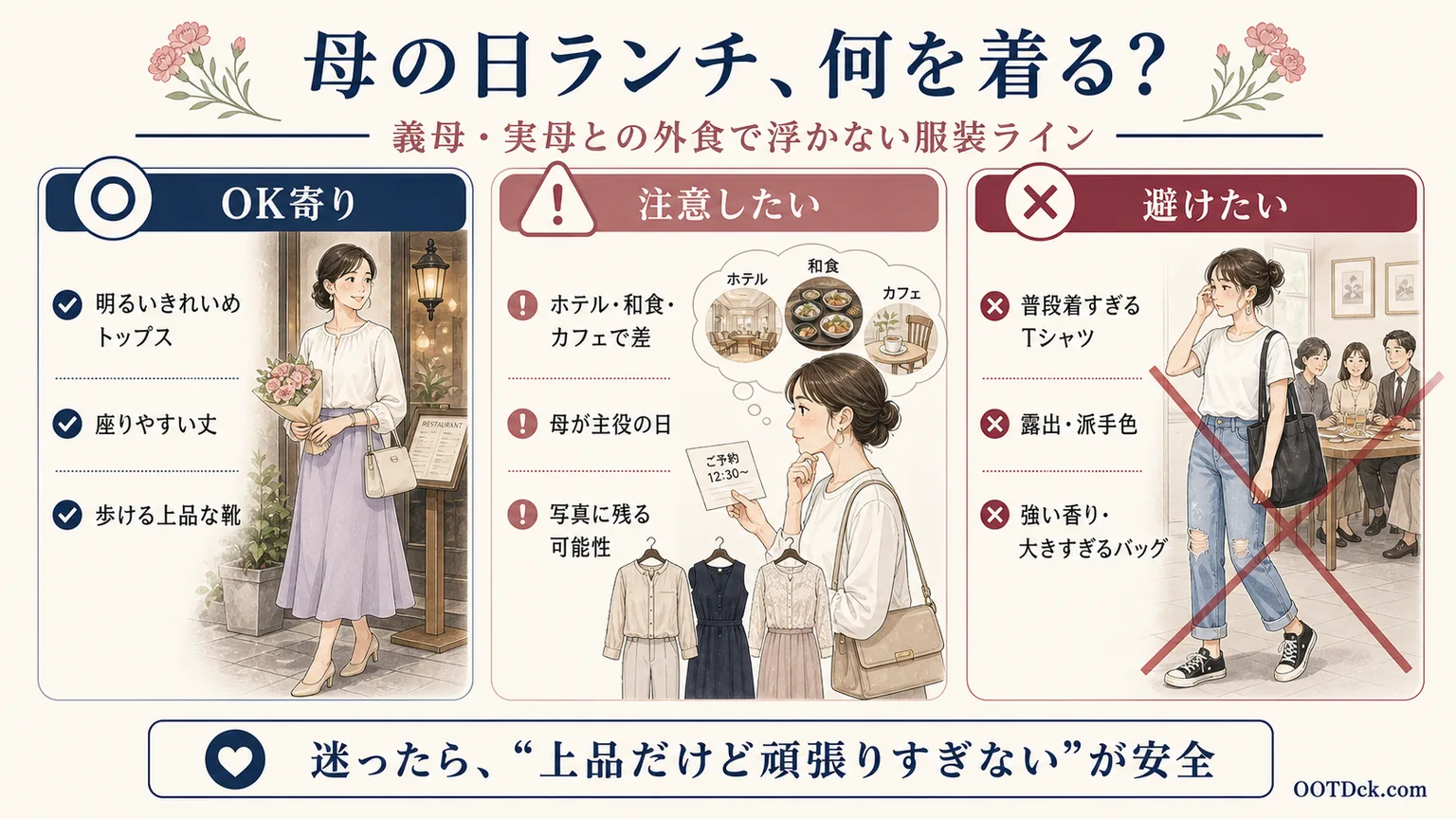 母の日ランチで義母や実母との外食に浮かない服装ラインをまとめたインフォグラフィック