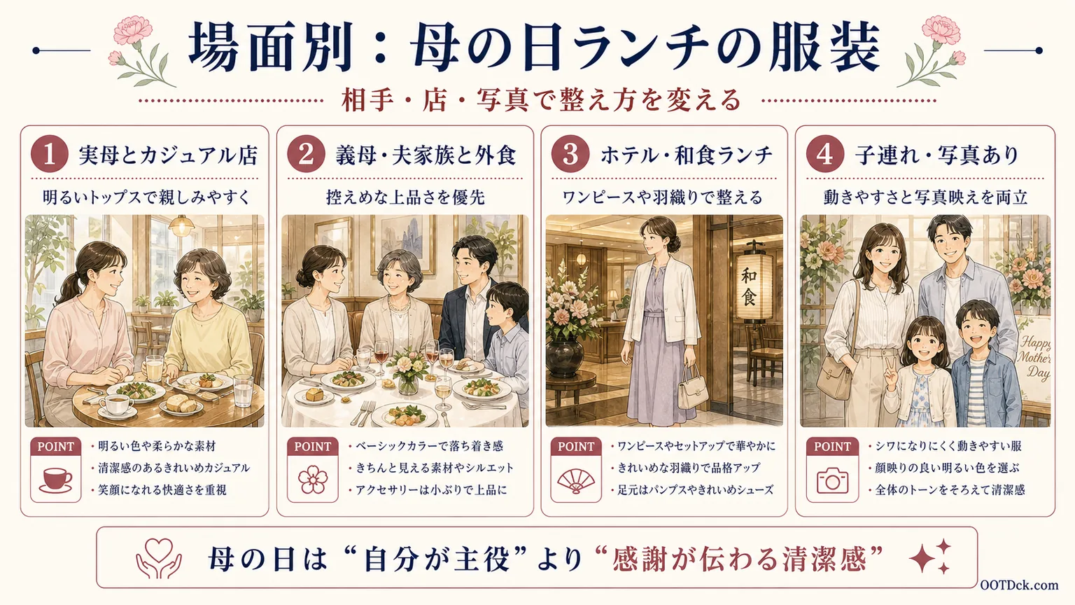 実母、義母、ホテル和食ランチ、子連れ写真ありで母の日ランチの服装を判断するインフォグラフィック