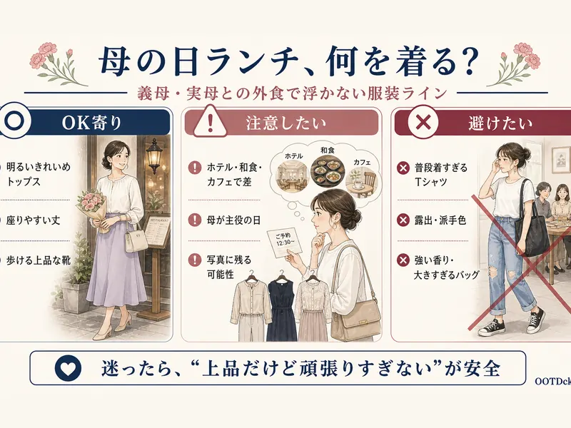母の日ランチで義母や実母との外食に浮かない服装ラインをまとめたインフォグラフィック
