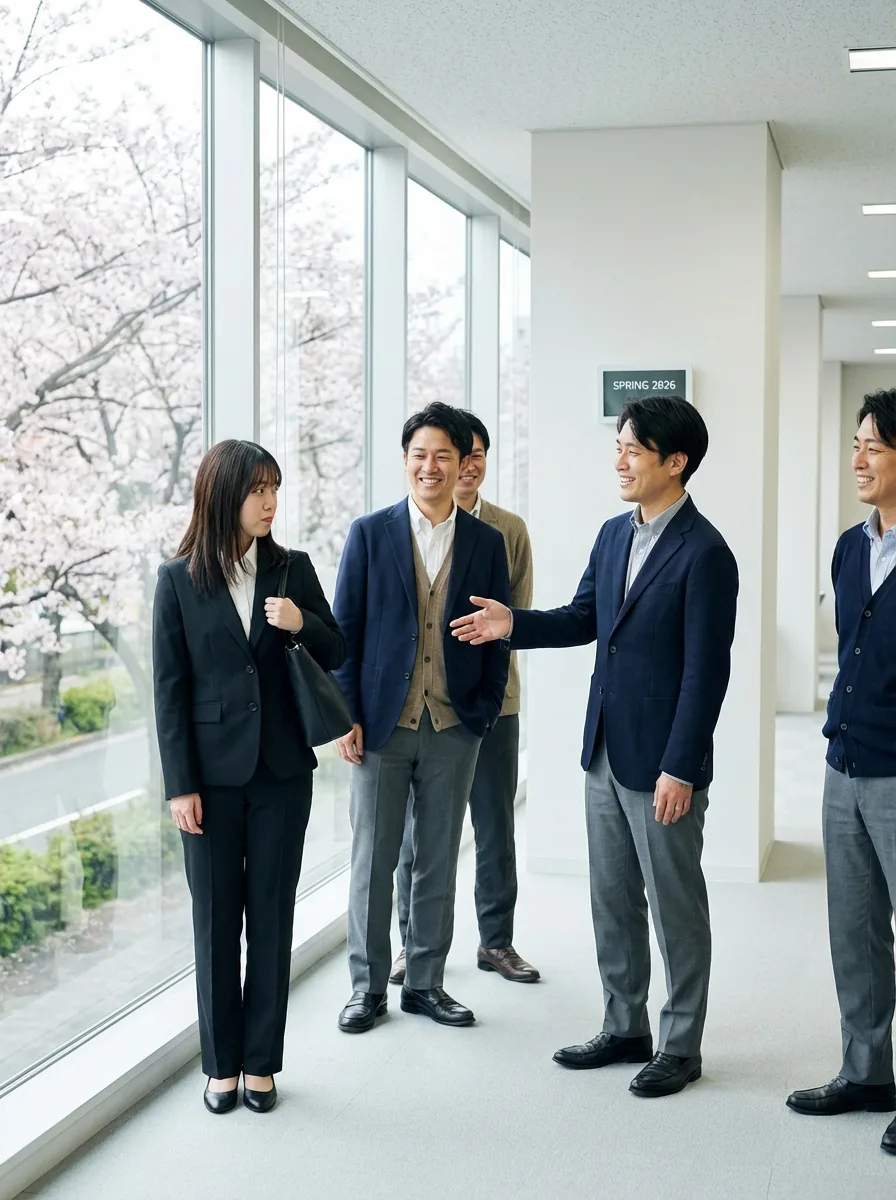 黒いリクルートスーツ姿の新社会人とオフィスカジュアル寄りの先輩たち