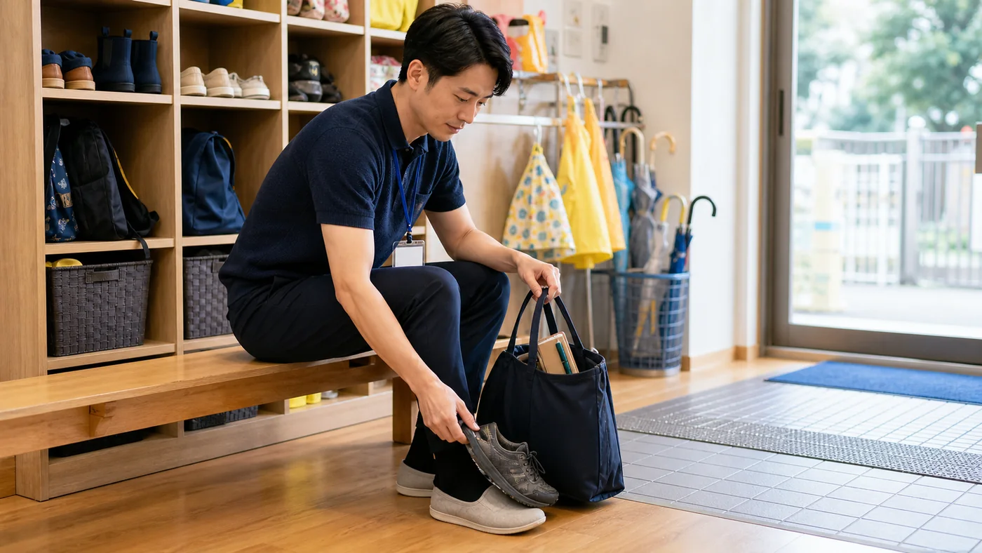 日本の保育園の玄関で名札を付けた父親が外靴を袋へ入れかかとのある清潔な上履きへ履き替える様子