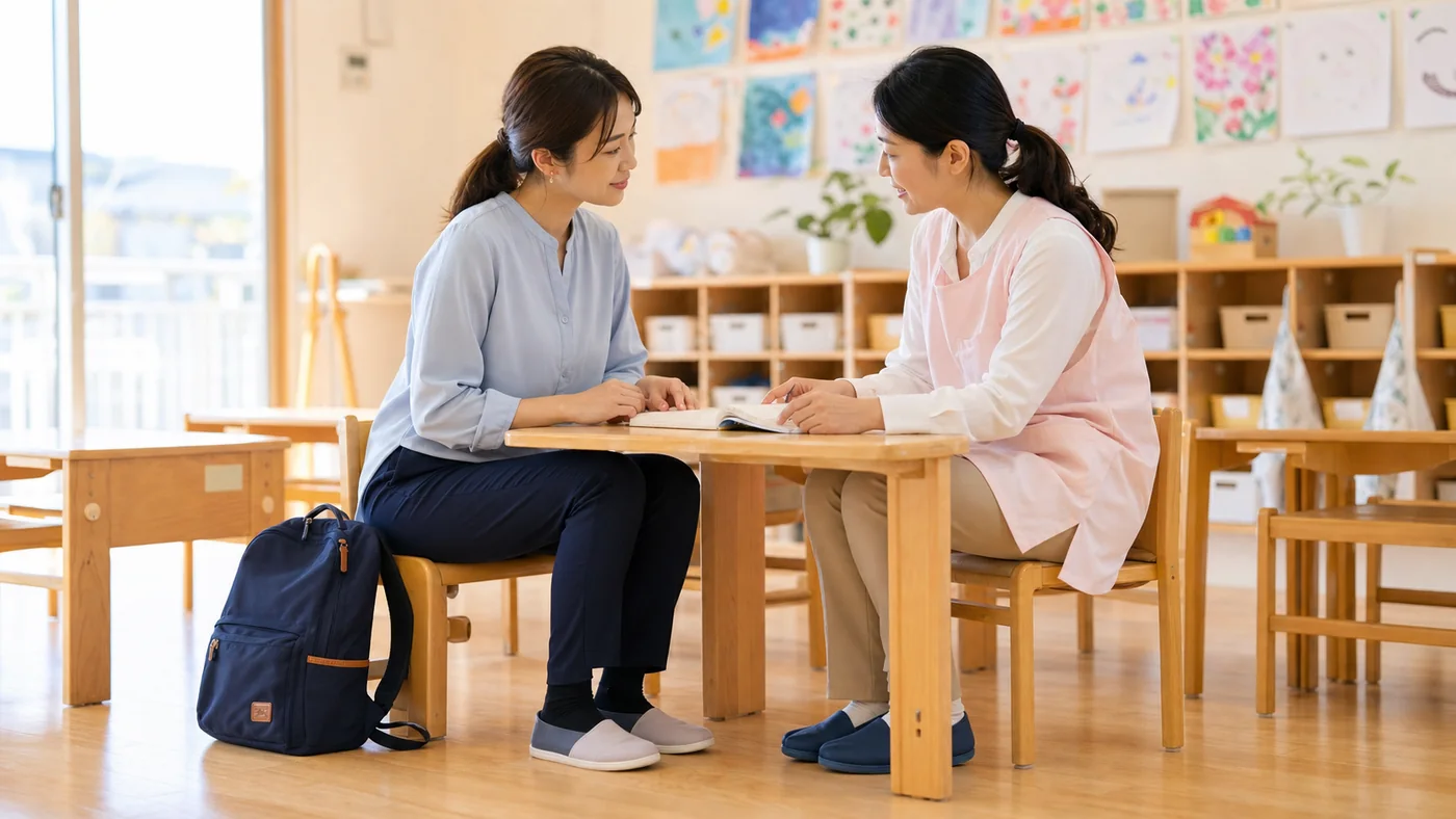日本の保育園の低い机で洗えるブラウスとストレッチパンツを着て保育士と子どもの生活について話す母親