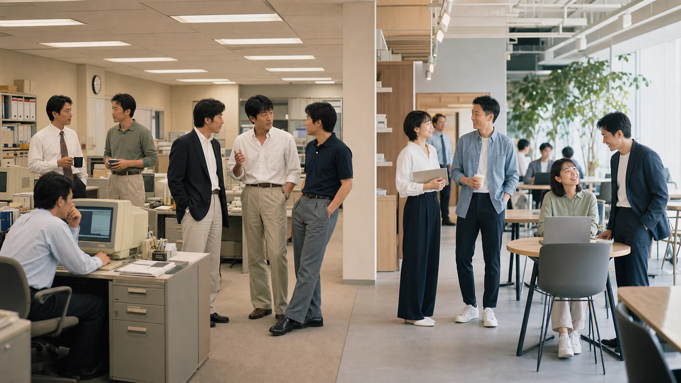1995年ごろの日本のオフィスと2026年の現代的なオフィスで働く会社員の仕事服を比較した写真