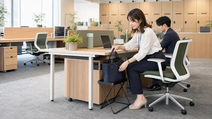 会社のデスク内側にあるバッグスタンドへ通勤トートを置く日本の会社員