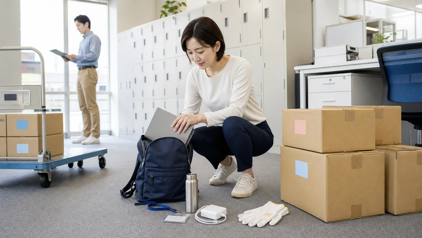 オフィス移転日にノートPCと社員証と充電器と飲み物を個人バッグへ分け滑り止め手袋と箱を確認する女性社員