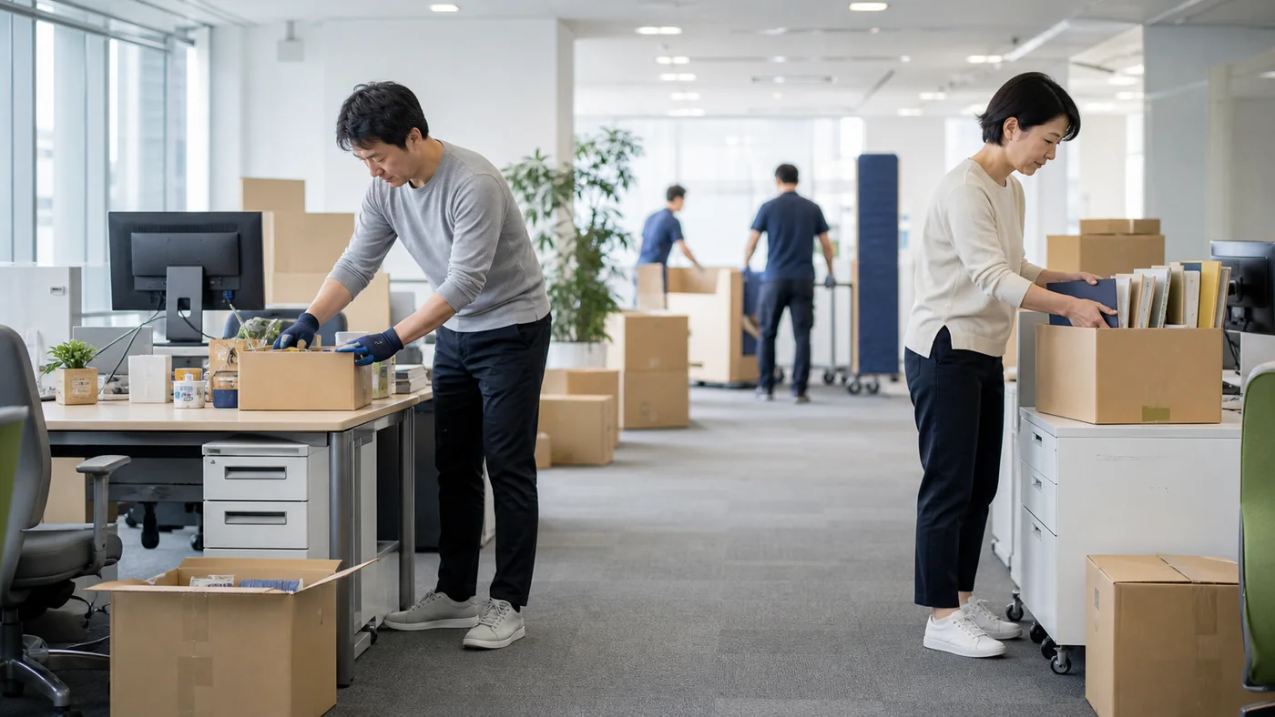 日本のオフィス移転で動きやすい長袖と長ズボンとスニーカーを着用し自席の小物を箱詰めする社員