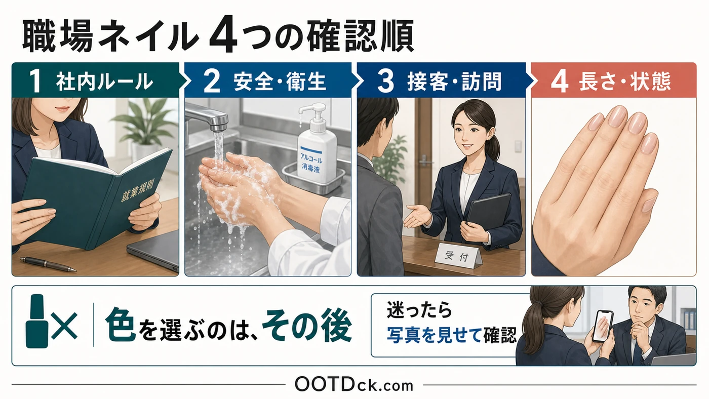 職場ネイルを社内ルール、安全と衛生、接客と訪問、長さと状態の順で確認する図解