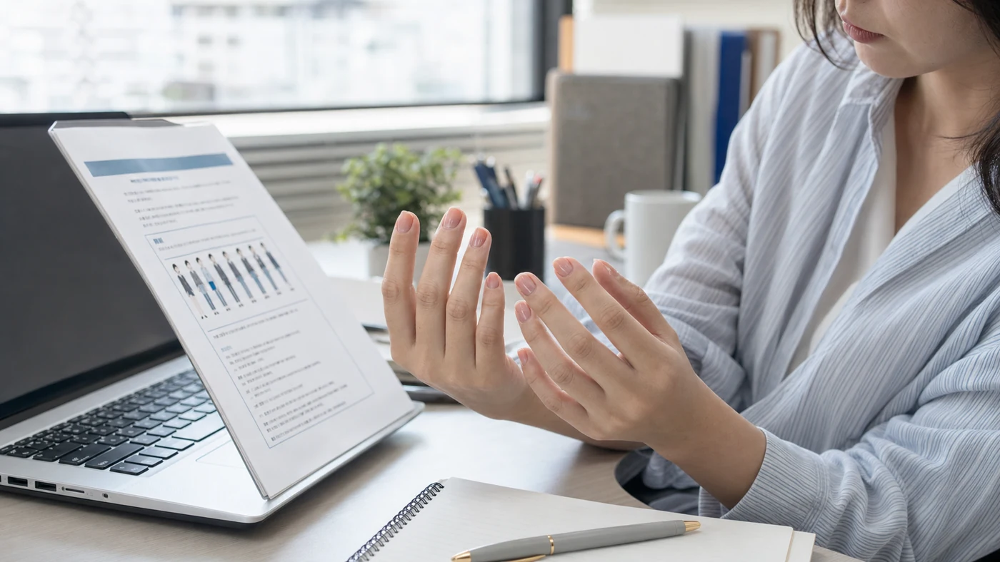日本のオフィスで短い薄ピンクのネイルと身だしなみ規程を見比べる会社員
