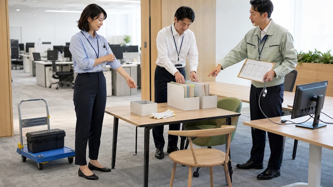 日本のオフィスで、社員が袖を固定し名札をポケットへ寄せ、濃色パンツと低い靴で小箱へ書類を分け、施設担当者がモニター配線の担当範囲を示す様子