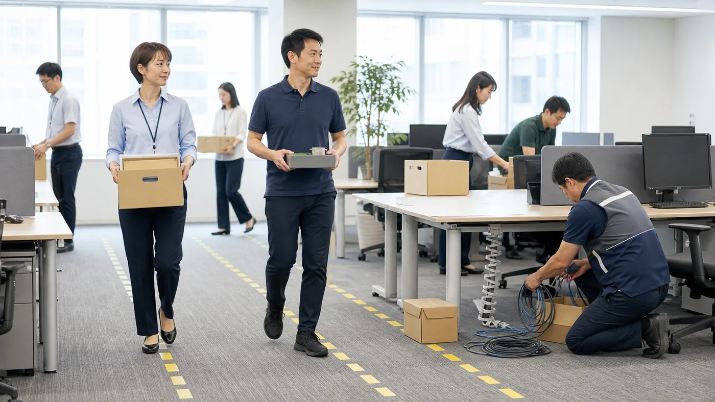 日本のオフィスの席替え日に、袖を整えた淡い青シャツ、濃色ストレッチパンツ、安定した低い靴の社員が小さな書類箱を運び、施設担当者が机下の配線を管理する様子