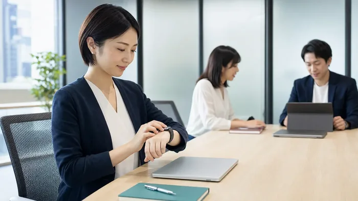 日本のオフィス会議前にスマートウォッチの通知を設定する会社員