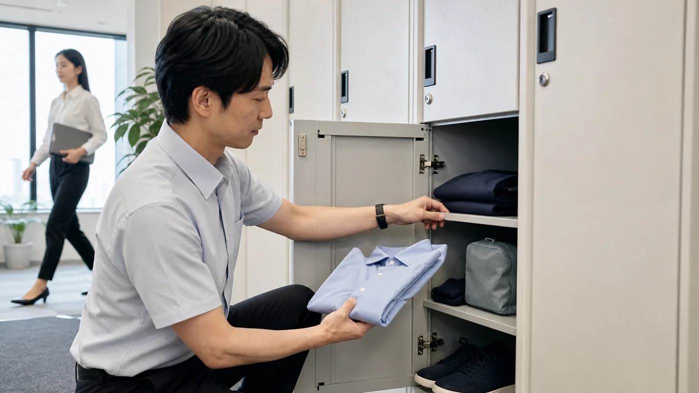 日本のオフィスロッカーに清潔な予備シャツと歩きやすい靴を保管する会社員