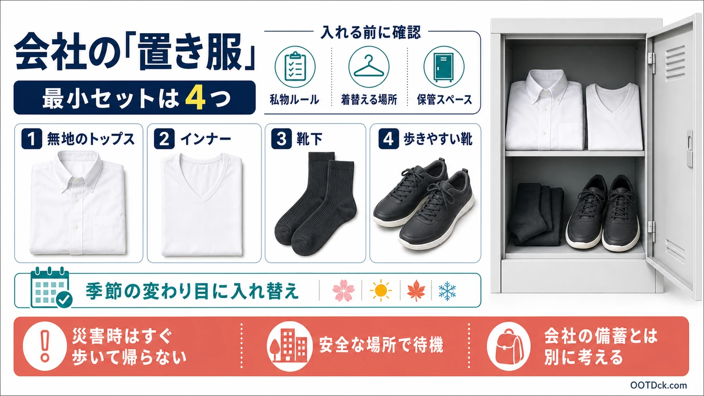 会社の置き服を入れる前の確認と最小セット四つ、災害時の待機原則を示す図