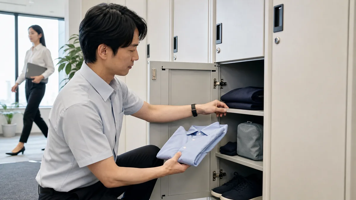 会社の置き服を入れる前の確認と最小セット四つ、災害時の待機原則を示す図