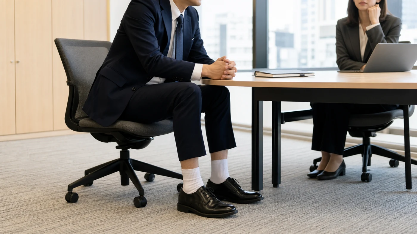 紺のスーツと黒い革靴の間から白い靴下が見える日本のオフィス会議