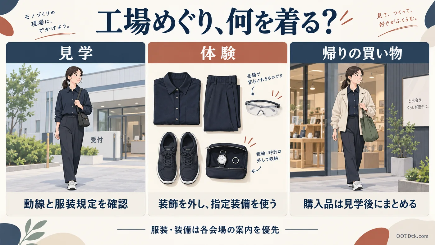 工場の受付で見学条件を確認する場面、体験前の服と収納用品、作業区域外で帰りの買い物をする場面を描いた三列の図