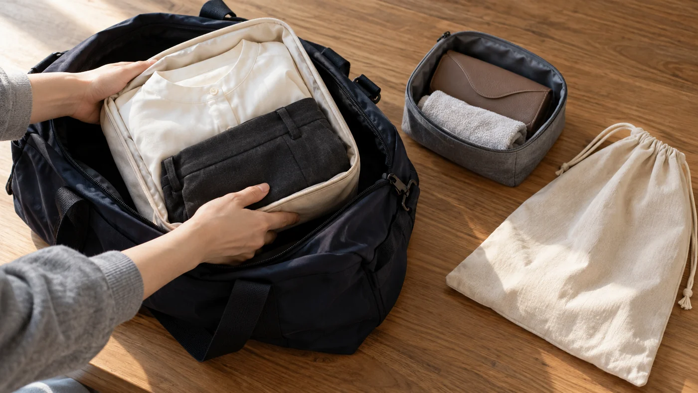 開いた旅行バッグの横で到着後の服と車内用の小物を別のポーチに分けて準備するAI生成例