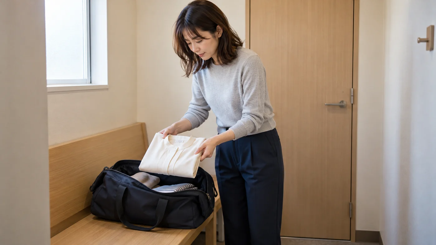 旅行用の服を着た女性が個室の着替えスペースでバッグから到着後に着るブラウスを取り出すAI生成例