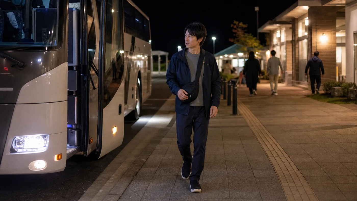 日本の夜行バスのサービスエリア休憩で薄手ジャケットと長ズボンとスリッポンを着用し小さなバッグを持つ男性旅行者