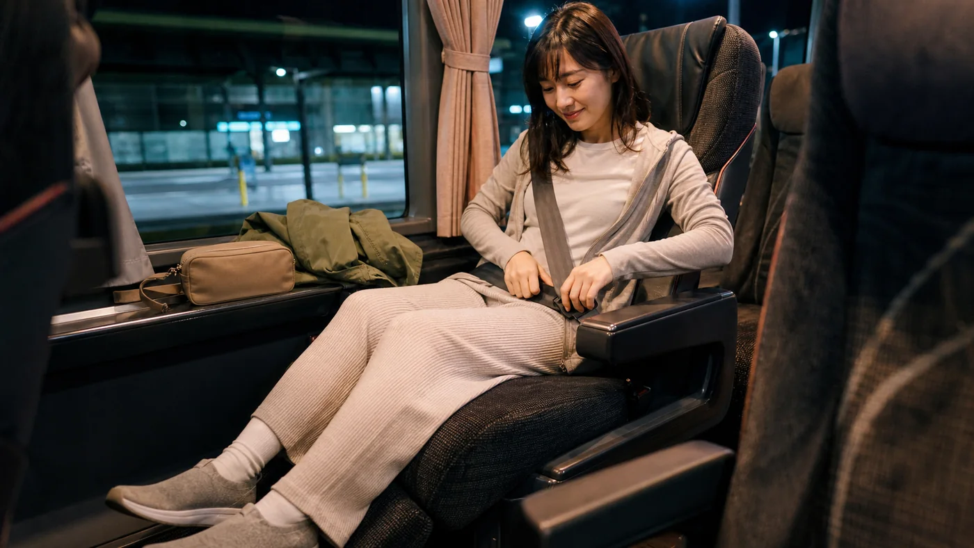 日本の夜行バス車内で長袖とゆったりした長ズボンとスリッポンを着用しシートベルトを締める女性旅行者