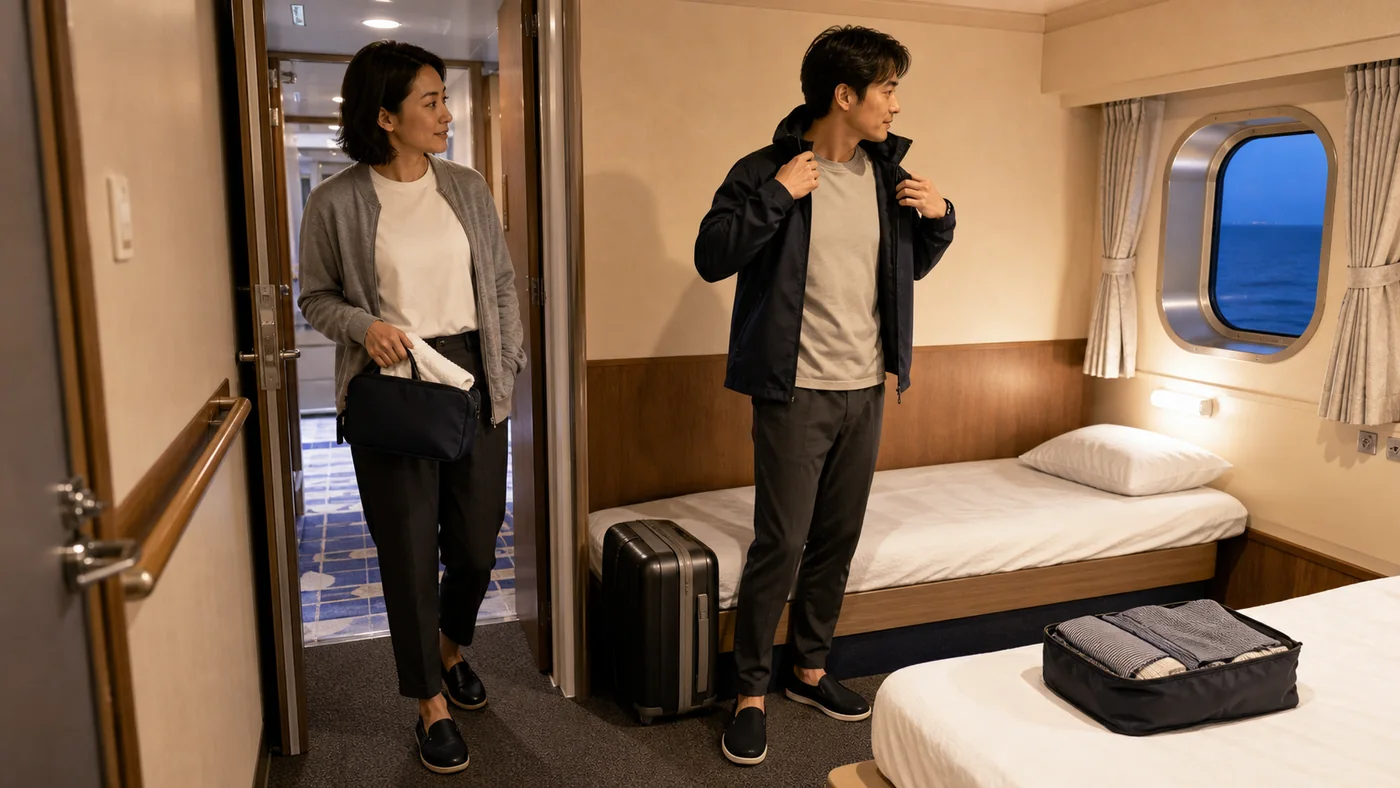 日本の夜行フェリー個室で、Tシャツ、前開きカーディガン、ゆとりある長ズボン、閉じた室内靴の旅行者が浴場ポーチを持ち、同行者がデッキ用防風ジャケットを重ねる様子