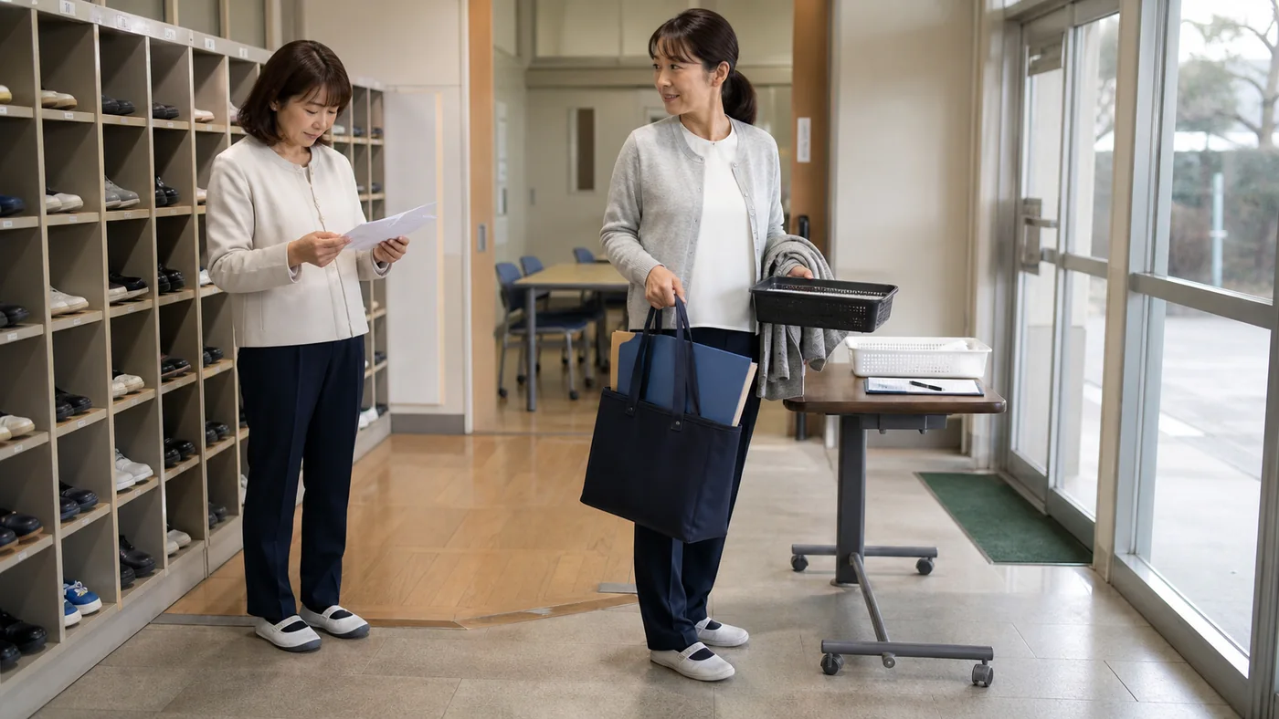 日本の学校玄関で、カーディガンと伸縮パンツ、室内履きのPTA役員がA4ファイルバッグと受付用トレーを持ち、柔らかなジャケットの会長と予定を確認する様子