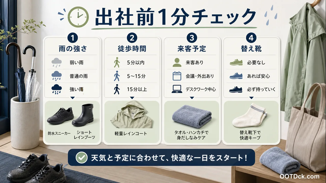 雨の日の通勤服を雨の強さ、徒歩時間、来客予定、替え靴で出社前に確認するチェックリスト画像
