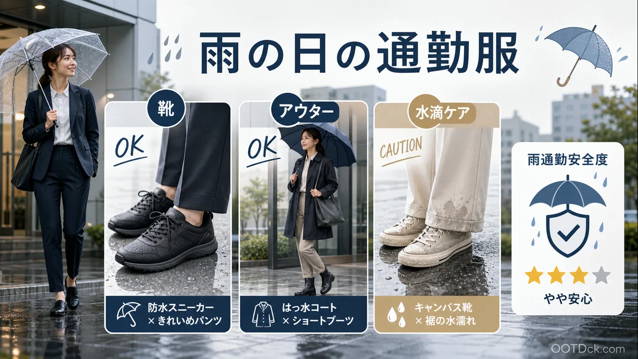 梅雨の通勤服で靴とアウターと水滴ケアを判断する無料チェッカーのインフォグラフィック