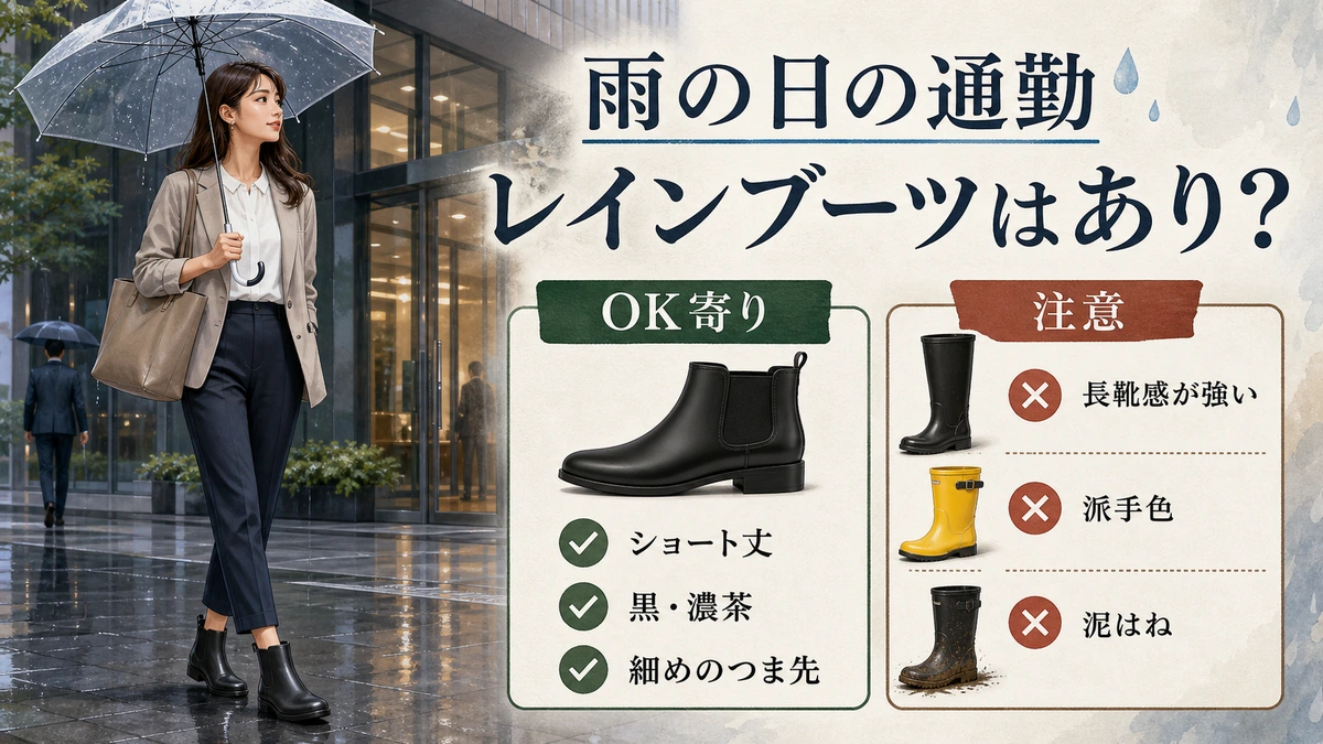 雨の日の通勤でレインブーツはありか、会社で浮かない梅雨前の足元ラインをまとめたインフォグラフィック