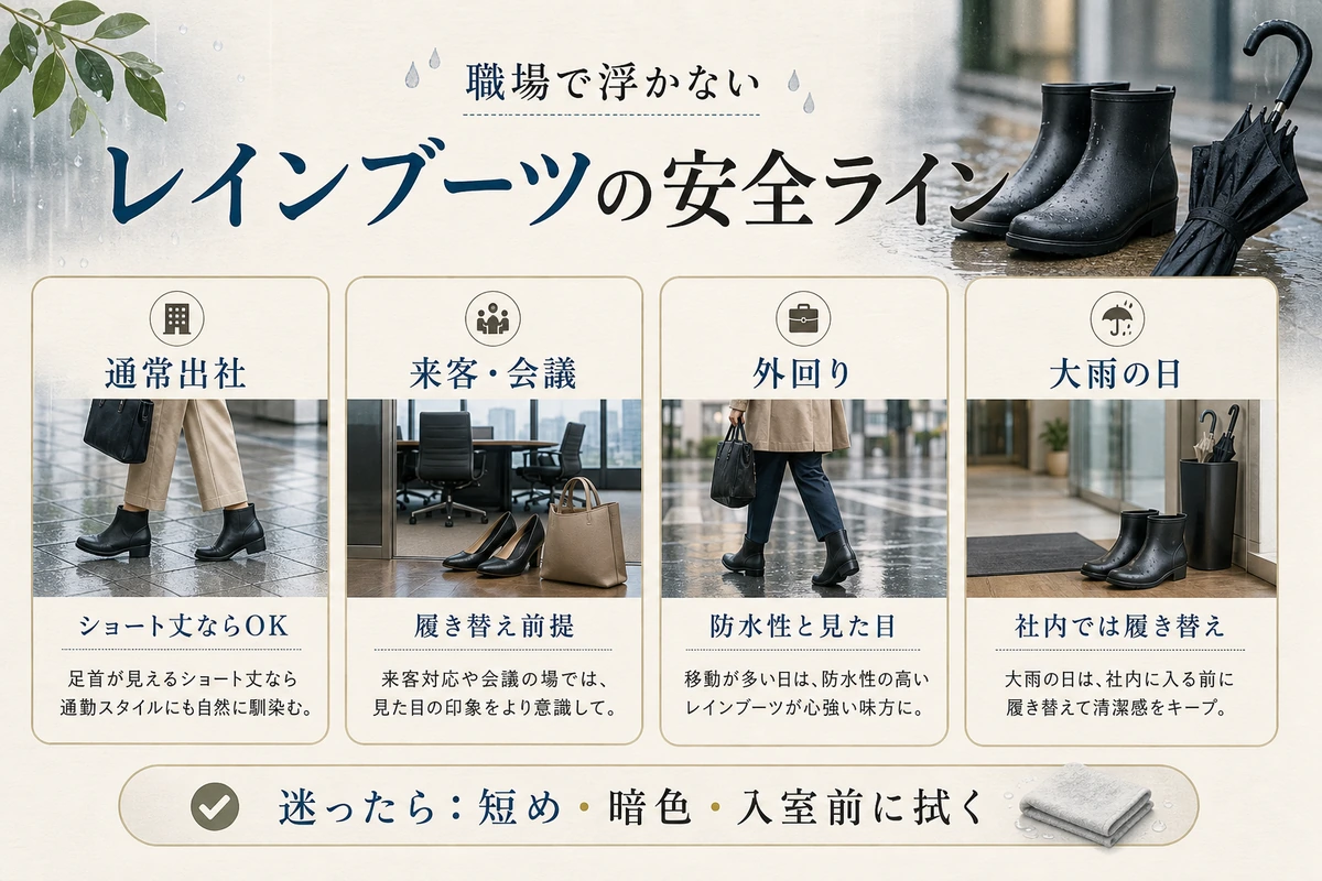 通常出社、来客会議、外回り、大雨の日でレインブーツ通勤をどう判断するかをまとめたインフォグラフィック