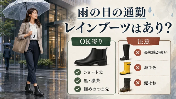 雨の日の通勤でレインブーツはありか、会社で浮かない梅雨前の足元ラインをまとめたインフォグラフィック