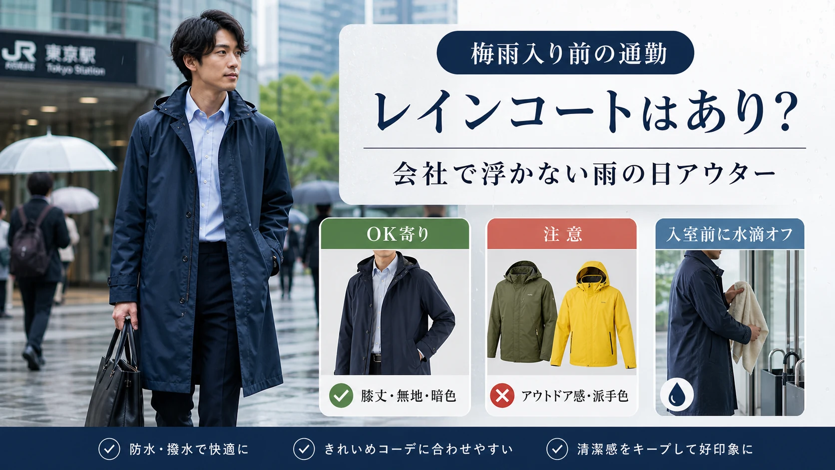 梅雨入り前の通勤でレインコートはありか、会社で浮かない雨の日アウターをまとめたインフォグラフィック