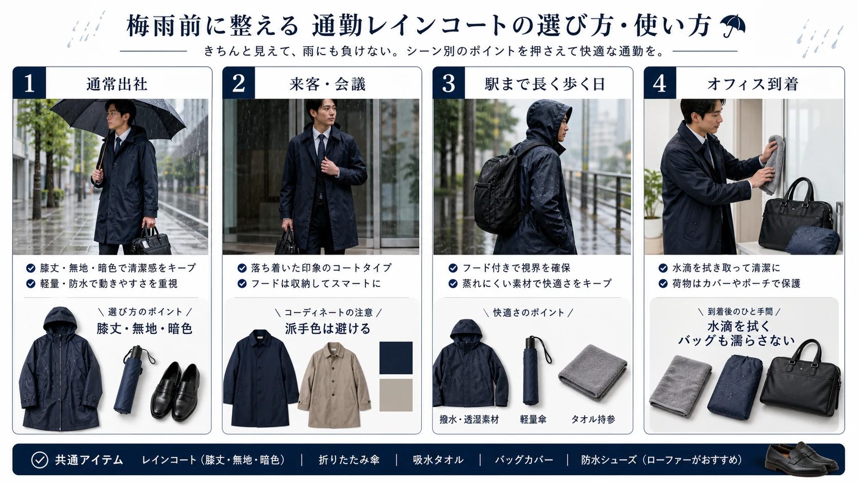 通常出社、来客会議、駅まで長く歩く日、オフィス到着でレインコート通勤をどう判断するかをまとめたインフォグラフィック