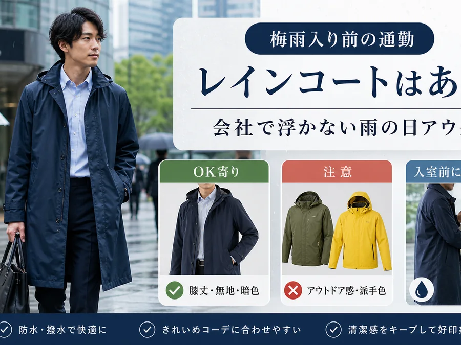梅雨入り前の通勤でレインコートはありか、会社で浮かない雨の日アウターをまとめたインフォグラフィック