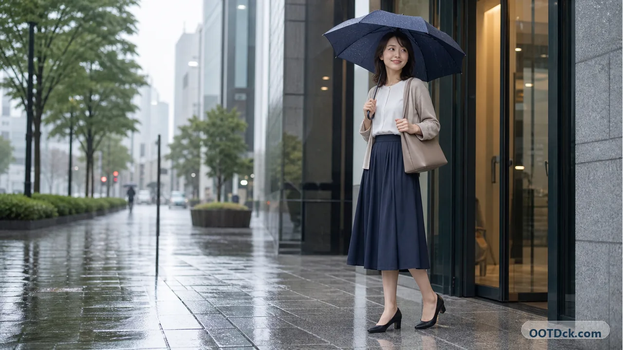 梅雨の通勤でネイビーのミモレ丈スカートと黒パンプスを合わせ、オフィス入口で雨を避けている女性